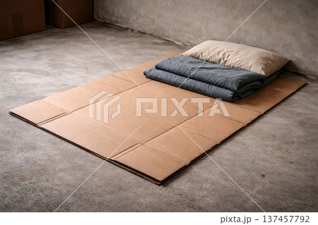 Cardboard bed with blanket and pillow on concrete floor. Space for text. 137457792