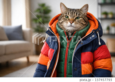 A cat in a warm winter jacket at home. Space for text. 137457793