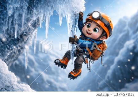 A small cartoon climber climbs an ice icicle. 137457815
