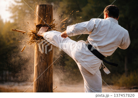 A karateka in a white kimono smashes a wooden pole with a strong kick. 137457820