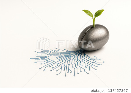 A metal seed with a green sprout and digital roots. Space for text. 137457847