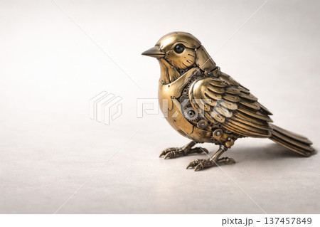 Mechanical bird made of metal on a light background. Space for text. 137457849