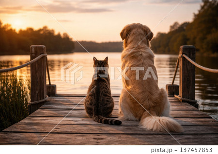 A cat and a dog are sitting on a pier by a lake at sunset. A cat and a dog are sitting on a pier by a lake at sunset. 137457853