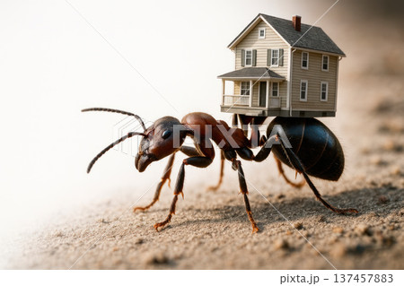 An ant carrying a house on its back. Space for text. 137457883