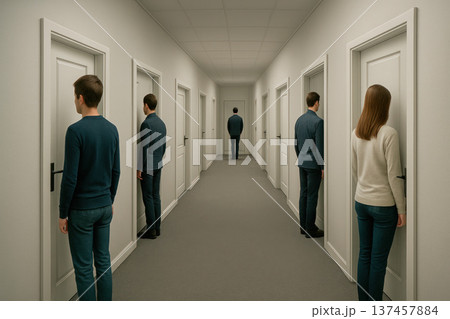 People standing along the corridor in front of closed doors. 137457884