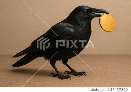 A black raven holds a gold coin in its beak. 137457899