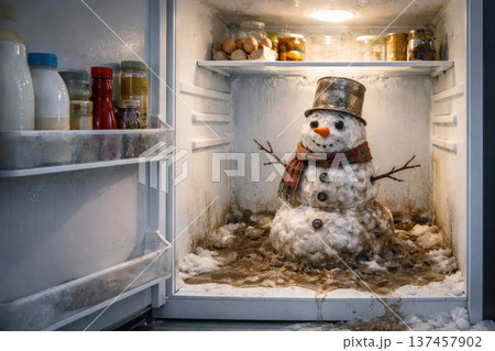 A melting dirty snowman inside a refrigerator, absurdity and metaphor. A melting dirty snowman inside a refrigerator, absurdity and metaphor. 137457902
