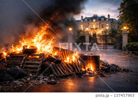 Burning barricades of garbage in front of a luxurious mansion. Burning barricades of garbage in front of a luxurious mansion. 137457903