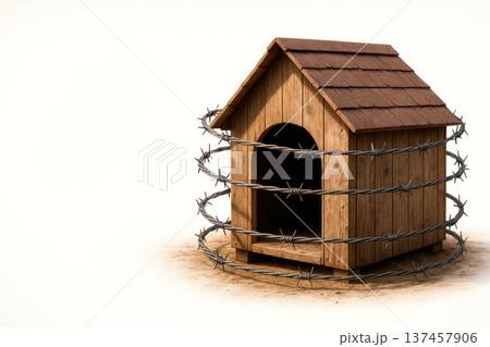 A dog kennel surrounded by barbed wire. Space for text. A dog kennel surrounded by barbed wire. Space for text. 137457906