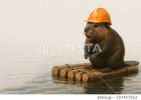 A beaver in a construction helmet floats on a wooden raft. Space for text. 137457922