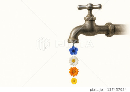 Flowers drip from an old water tap. Space for text. 137457924