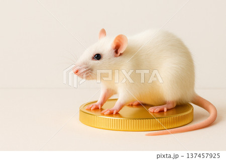 A white rat sits on a gold coin. Space for text. 137457925