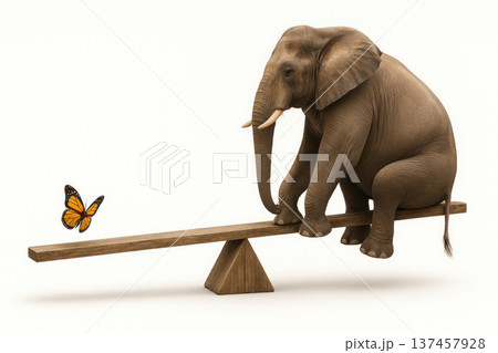 Elephant and butterfly on scales on a light background. Elephant and butterfly on scales on a light background. 137457928