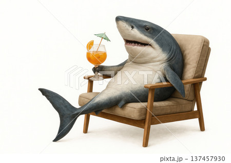 A shark is sitting in a chair with a cocktail. Space for text. A shark is sitting in a chair with a cocktail. Space for text. 137457930