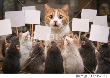 A cat surrounded by mice with empty protest posters. 137457935