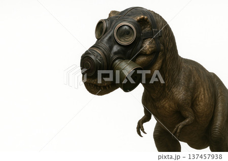 Dinosaur wearing a gas mask on a white background. Space for text. 137457938