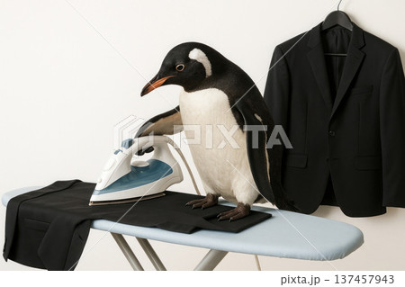 Penguin ironing a suit before a date. Penguin ironing a suit before a date. 137457943
