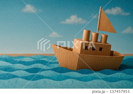 A cardboard ship on a paper ocean. Space for text. A cardboard ship on a paper ocean. Space for text. 137457953