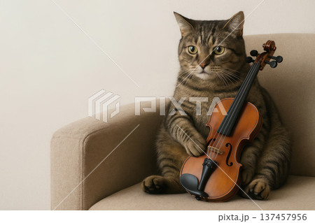 Sitting cat with a small violin in its paws. Space for text. Sitting cat with a small violin in its paws. Space for text. 137457956