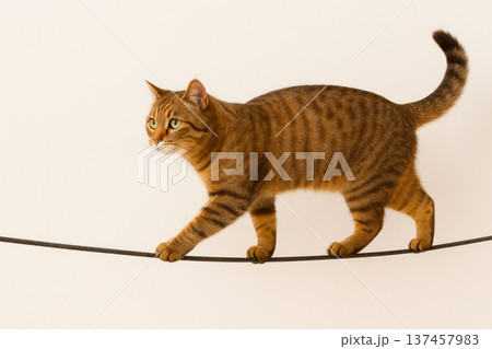 The cat walks on a tightrope, balancing. Space for text. The cat walks on a tightrope, balancing. Space for text. 137457983
