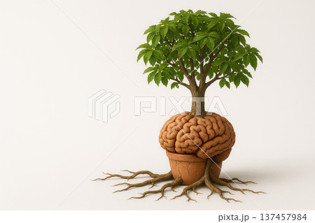 A brain in the form of a pot from which a green tree grows. Space for text. A brain in the form of a pot from which a green tree grows. Space for text. 137457984