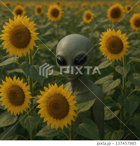 An alien stands among sunflowers at sunset. 137457985