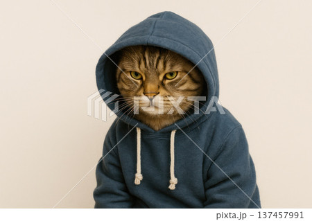 A disgruntled cat in a blue hoodie. A disgruntled cat in a blue hoodie. 137457991