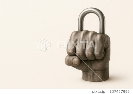 A lock in the shape of a clenched fist. Space for text. 137457993