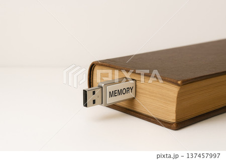 A book with a USB MEMORY stick inserted in place of a page. Space for text. 137457997