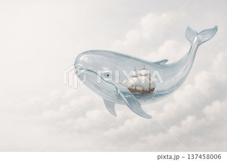 A whale with the image of a sailboat inside its body among the clouds. Space for text. 137458006