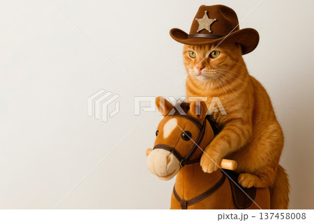 A ginger cowboy cat in a hat sits on a toy horse. Space for text. 137458008