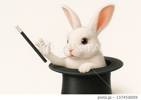 A white rabbit wearing a magician's hat with a magic wand. Space for text. A white rabbit wearing a magician's hat with a magic wand. Space for text. 137458009