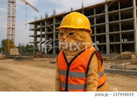 A ginger cat is a builder in a helmet and vest at a construction site. 137458019