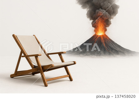 A sun lounger next to an erupting volcano. Space for text. 137458020