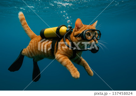 A ginger cat in scuba gear swims underwater. 137458024