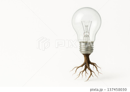 A photorealistic bulb with roots instead of a base on a light background. Space for text. 137458030