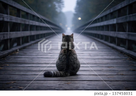 A cat sits in the middle of a long wooden bridge. A cat sits in the middle of a long wooden bridge. 137458031