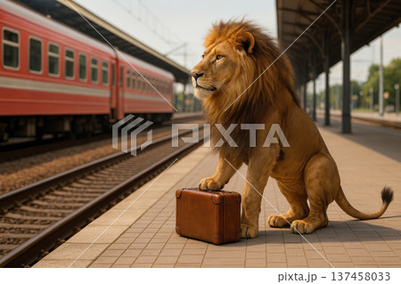 Lev with a suitcase on the platform of the railway station. 137458033
