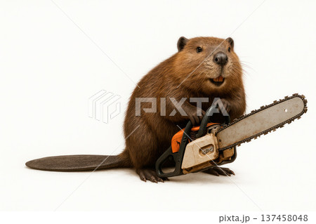 A beaver holds a chainsaw. Space for text. A beaver holds a chainsaw. Space for text. 137458048
