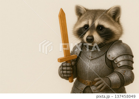 Raccoon in knightly armor with a wooden sword. Space for text. Raccoon in knightly armor with a wooden sword. Space for text. 137458049