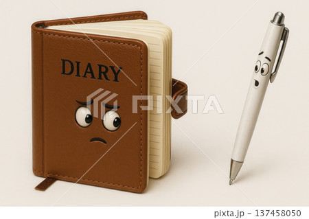 A sad diary and a surprised pen with eyes. 137458050