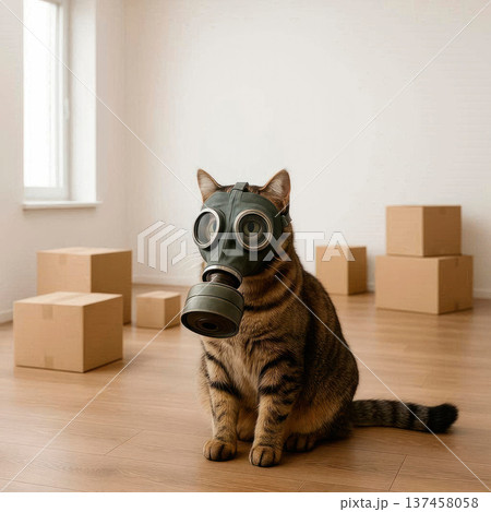 A cat in a gas mask sits among the boxes. 137458058