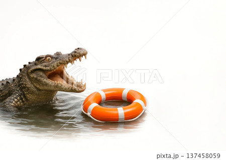 A crocodile with its mouth open next to a lifebuoy. Space for text. 137458059