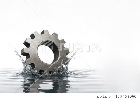 A metal cogwheel rises out of the water in a splash. Space for text. 137458060