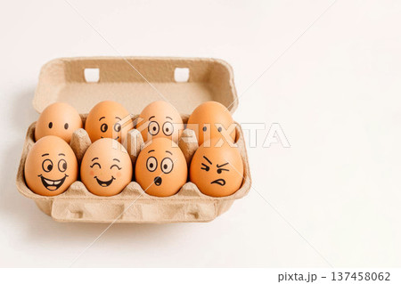 A box of eggs with painted emotions and faces. Space for text. 137458062