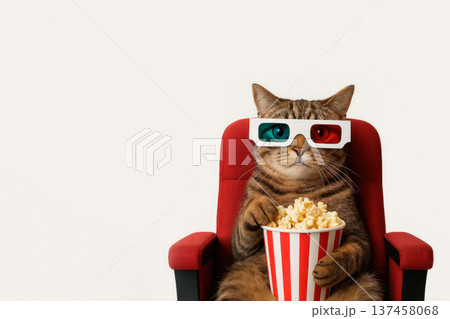 A cat in 3D glasses with popcorn in a cinema. Space for text. 137458068