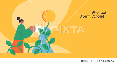 Financial growth concept with woman watering money plant showing investment and wealth building. Flat design vector illustration for financial growth, savings and prosperity concepts. 137458073