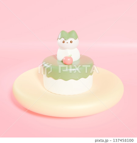 黄色いお皿に乗った抹茶猫ちゃんケーキ 137458100