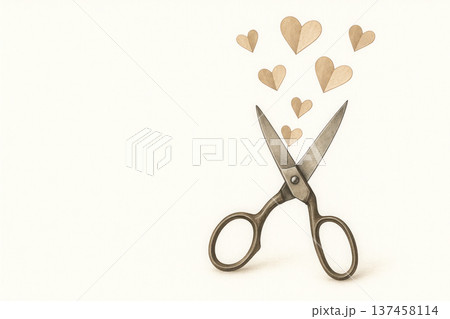 Scissors cutting paper hearts. Space for text. Scissors cutting paper hearts. Space for text. 137458114