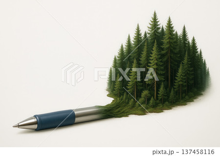 A ballpoint pen turning into a dense forest. Space for text. 137458116